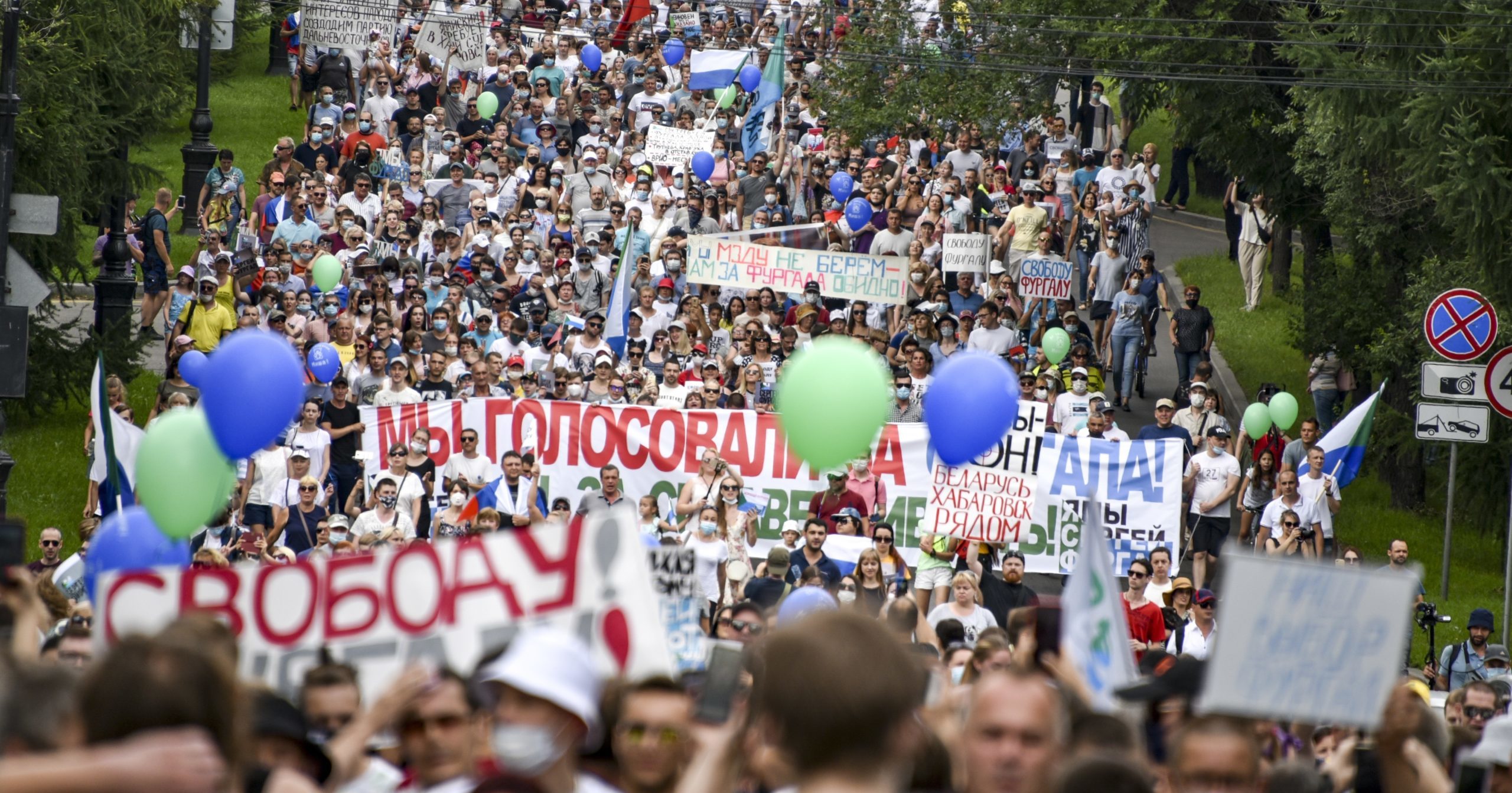 Protesters march in support of Sergei Furgal, who was arrested on murder charges and ordered to be held in jail for two months, in Khabarovsk, 3,800 miles east of Moscow, on July 25, 2020.