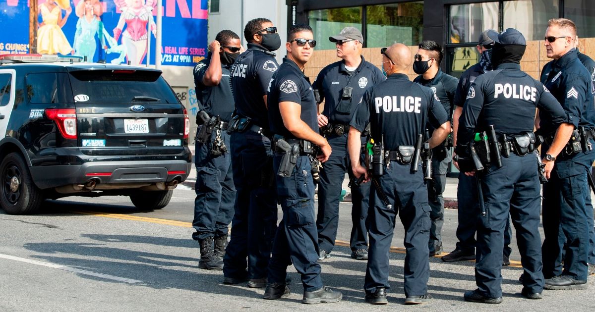 LAPD police gather on May 31, 2020, in Los Angeles, California.