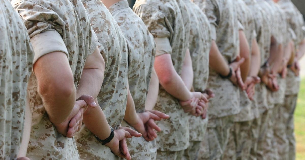 This stock image shows Marines in formation.