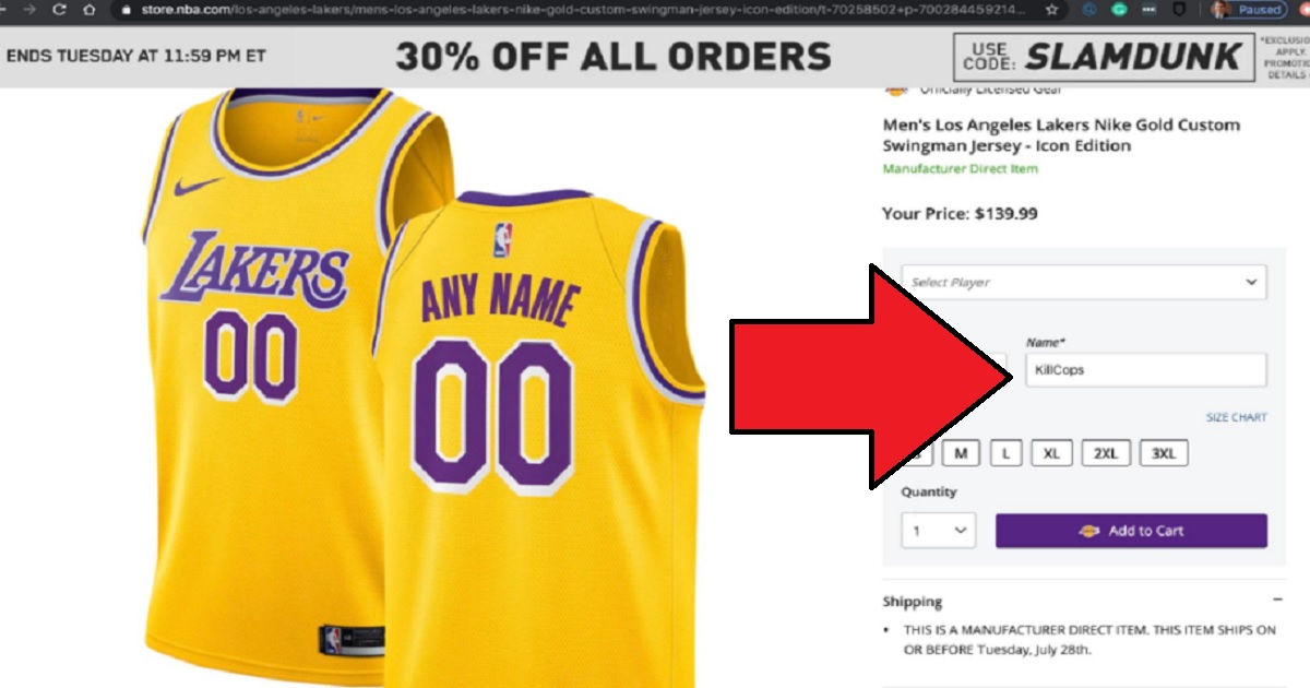 An order form for a custom-printed NBA jersey with the name "KillCops."