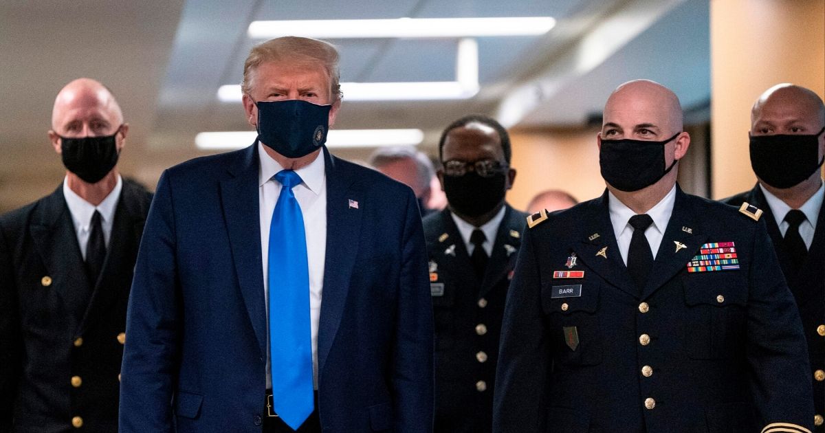 President Donald Trump wears a mask as he visits Walter Reed National Military Medical Center in Bethesda, Maryland, on July 11, 2020.