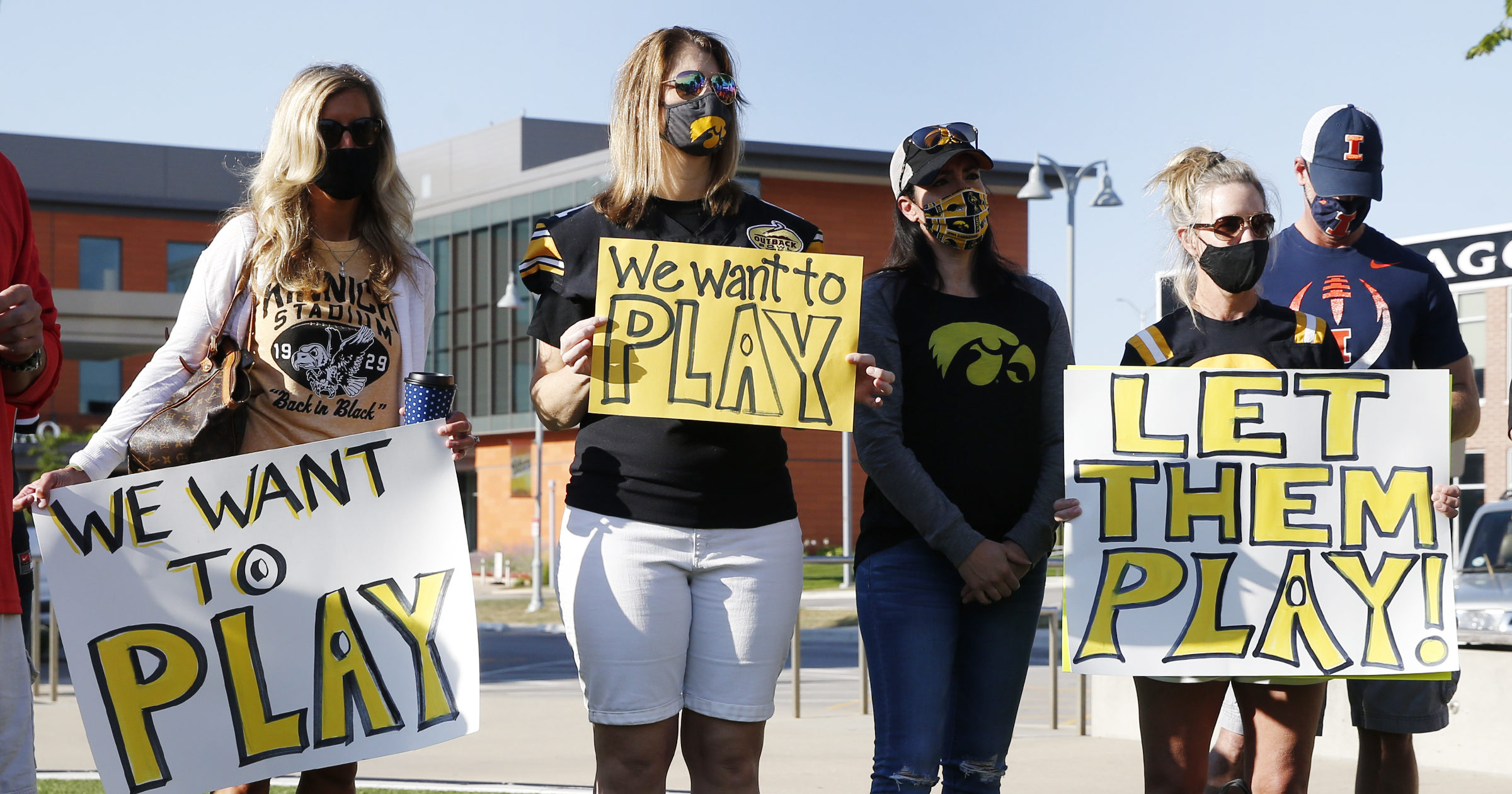 University of Iowa football players' parents protest outside Big Ten headquarters in Rosemont, Illinois, on Aug. 21, 2020.