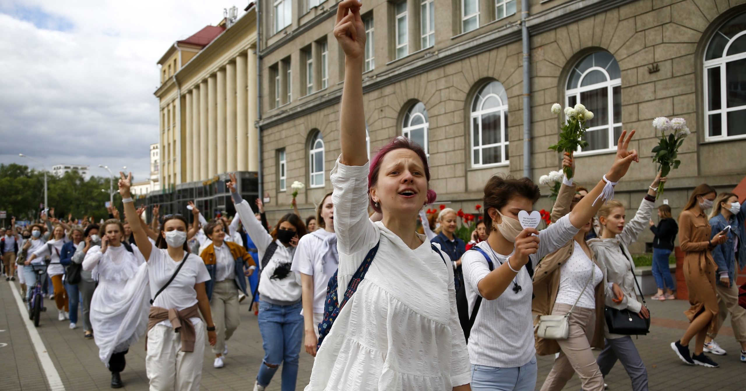 About 200 women march in solidarity with demonstrators injured in the latest protests against the results of Belarus’ presidential election in Minsk, Belarus, on Aug. 12, 2020.