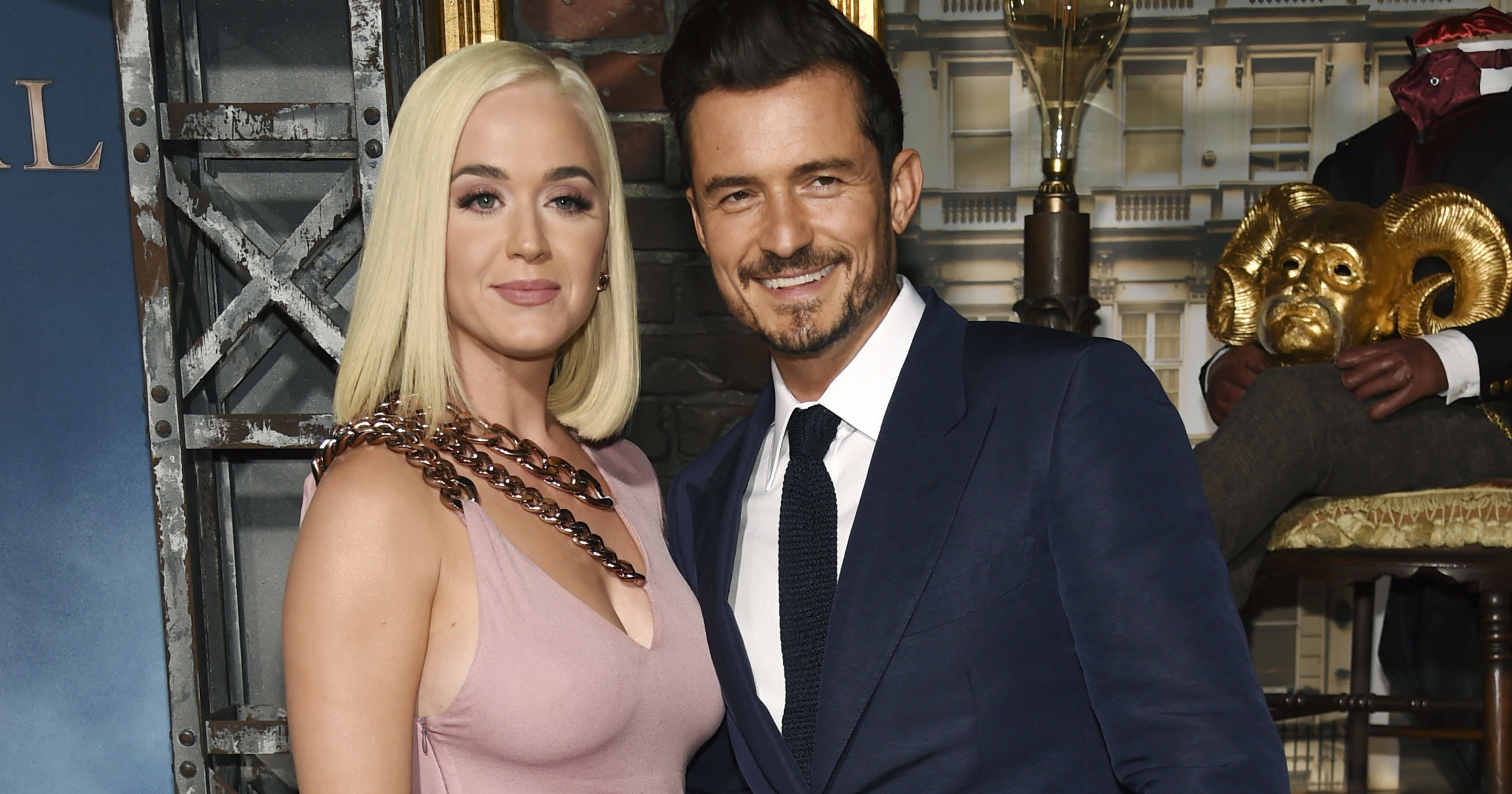This Aug. 21, 2019, file photo shows Orlando Bloom, right, a cast member in the Amazon Prime Video series "Carnival Row," with singer Katy Perry at the premiere of the series in Los Angeles. Perry has given birth to a baby girl named Daisy Dove Bloom. The pop superstar and her partner, actor Orlando Bloom, got UNICEF to announce the news on its social media accounts. Both Perry and Bloom are goodwill ambassadors for the United Nations agency that helps children.