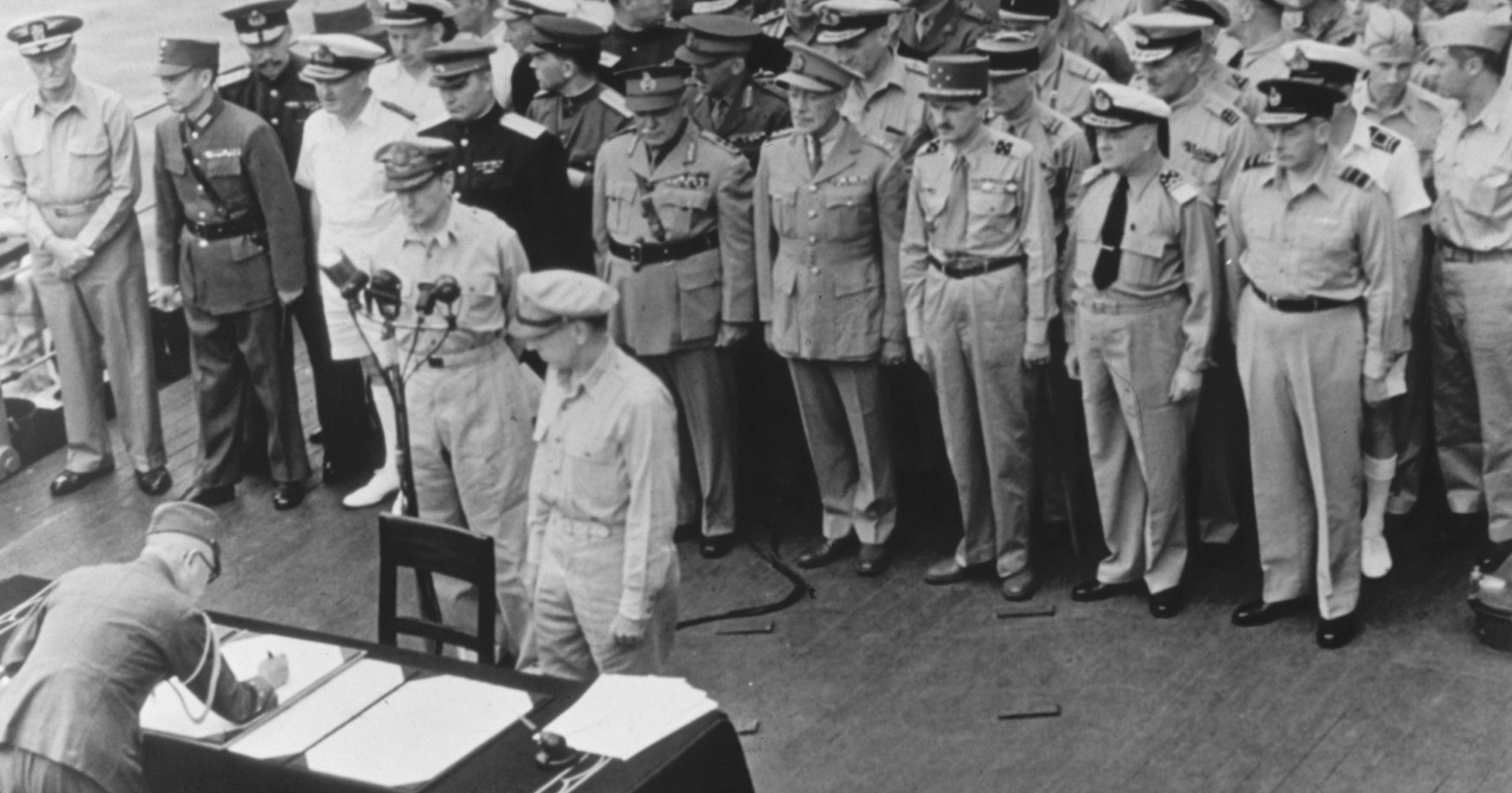 Gen. Douglas MacArthur, Supreme Allied Commander, and Gen. Wainwright witness the formal Japanese surrender aboard the USS Missouri in Tokyo Bay on Sept. 2, 1945. Several dozen U.S. veterans will gather on the battleship in Pearl Harbor in September to mark the 75th anniversary of Japan's surrender.