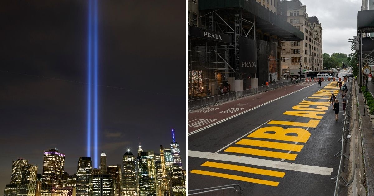 New York City's annual light display, left, in honor of the victims of the Sept. 11, 2001, terrorist attacks has been canceled over fears of spreading the coronavirus, but a Black Lives Matter display was allowed to be painted by a large crowd of people in the city in July.