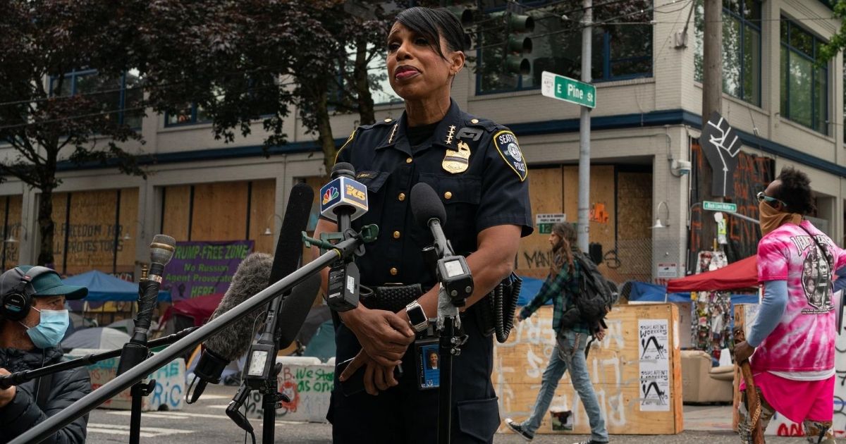 Seattle Police Chief Carmen Best holds a news conference outside of the departments vacated East Precinct in the area known as the Capitol Hill Organized Protest on June 29, 2020 in Seattle.