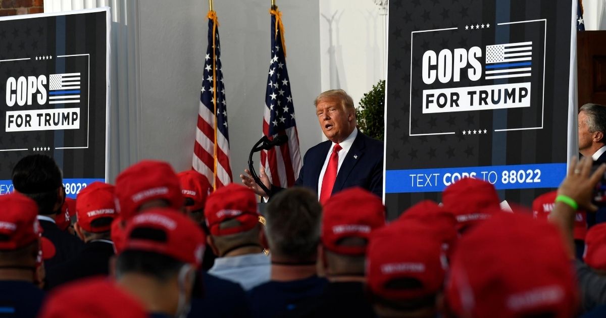 President Donald Trump speaks during an event at Trump National Golf Club on Aug. 14, 2020, in Bedminster, New Jersey, with members of the City of New York Police Department Benevolent Association.