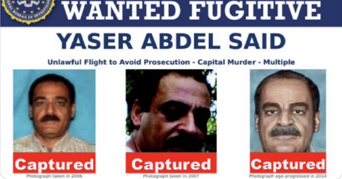An FBI "Wanted" posted shows a photograph and projected images of Yaser Abdel Said.