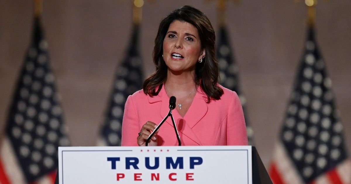 Former U.N. Ambassador Nikki Haley speaks during the first day of the Republican National Convention at the Mellon Auditorium in Washington on Aug. 24, 2020.