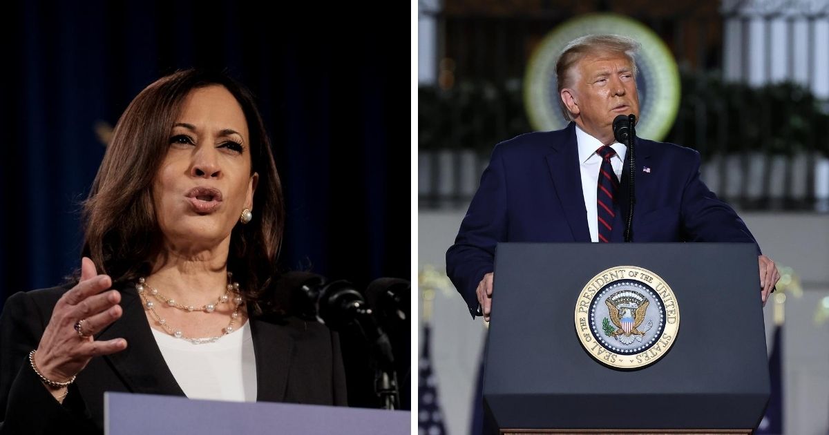Kamala Harris, left, delivers remarks in Washington on Thursday. Right: President Donald Trump delivers his acceptance speech for the Republican presidential nomination on Thursday at the White House.