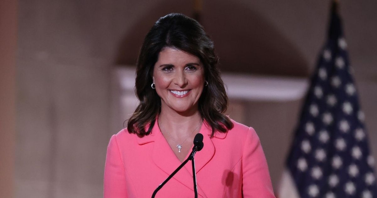 Former U.S. Ambassador to the United Nations Nikki Haley stands on stage while addressing the Republican National Convention at the Mellon Auditorium on Aug. 24, 2020, in Washington, D.C.