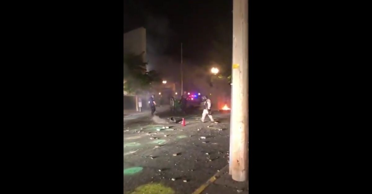Debris from a riot in Portland, Oregon, is pictured on Sunday night.