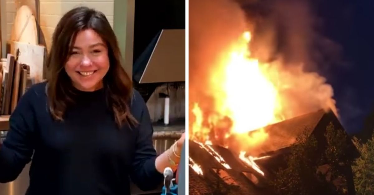 Rachael Ray, left, and her upstate New York house on fire.