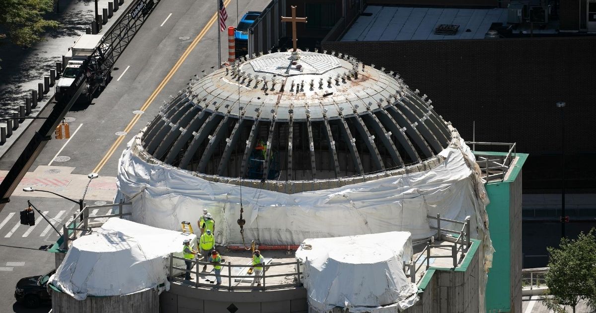 Construction resumes on the St. Nicholas Greek Orthodox Church on Aug. 3, 2020, at the World Trade Center in New York.