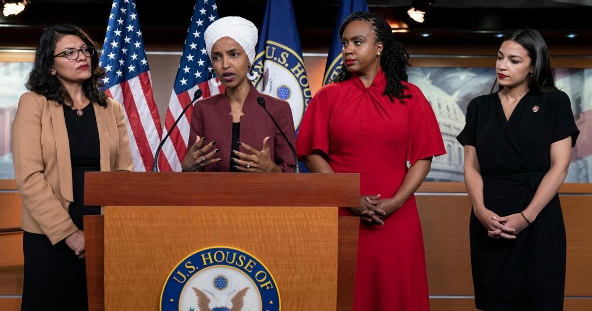 From left, Democratic Reps. Rashida Tlaib of Michigan, Ilhan Omar of Minnesota, Ayanna Pressley of Massachusetts and Alexandria Ocasio-Cortez of New York appear during a news conference at the Capitol in Washington on July 15, 2019.