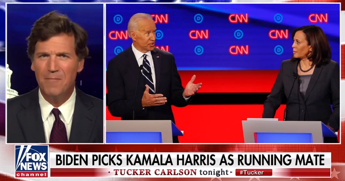 Tucker Carlso, left, with a picture of an image of former Vice President Joe Biden and California Sen. Kamala Harris during a primary debate, right.