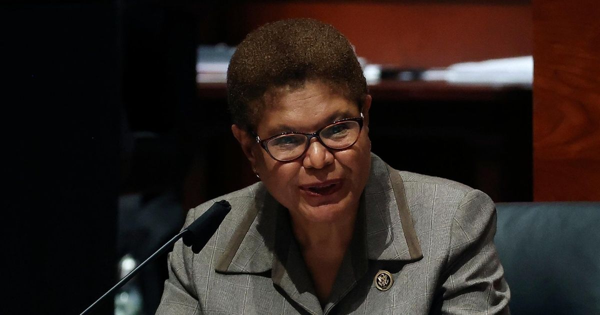 Democratic Rep. Karen Bass of California questions Attorney General William Barr during a House Judiciary Committee hearing on the oversight of the Department of Justice on Capitol Hill on July 28, 2020, in Washington, D.C.