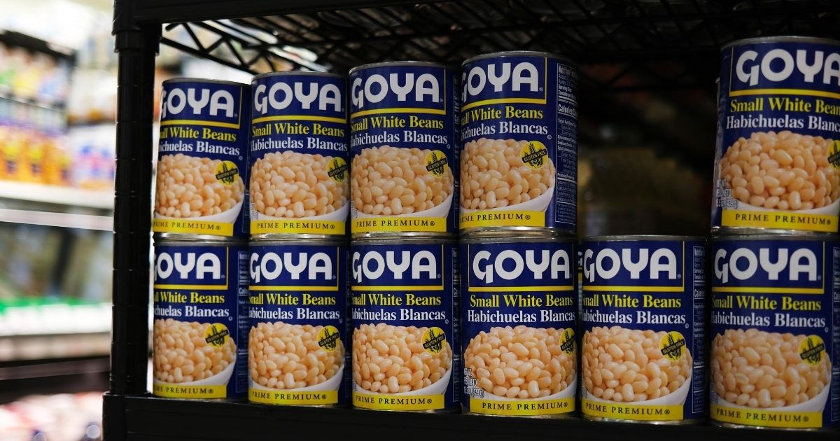 Cans of Goya food products are displayed on a shelf in a store on July 16, 2020, in New York City.