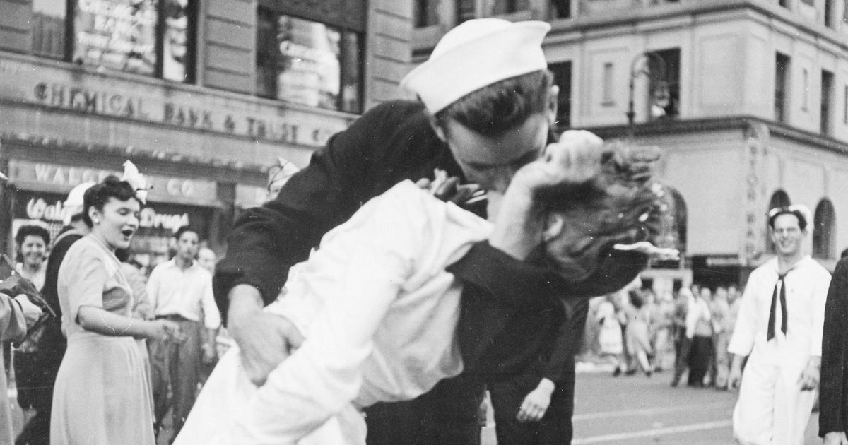 A U.S. Navy sailor kisses a stranger during a V-J Day celebration in New York City on Aug. 14, 1945.