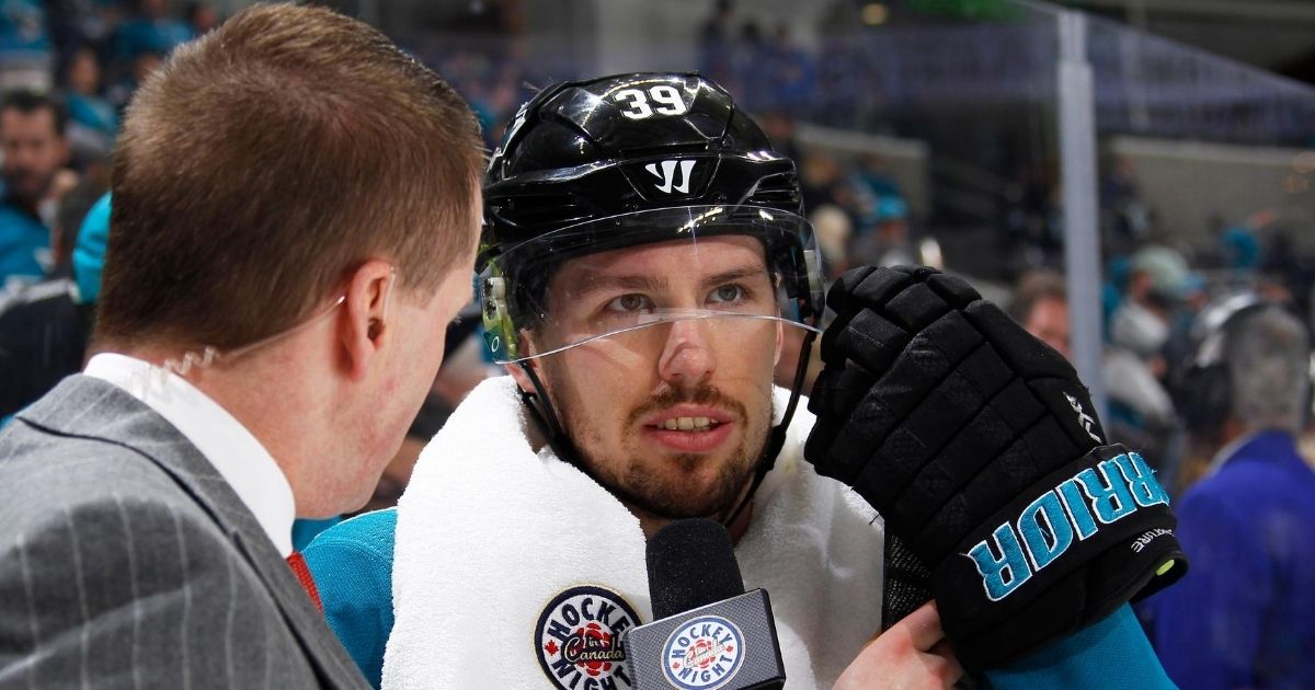 Logan Couture of the NHL's San Jose Sharks speaks with the media after defeating the Vegas Golden Knights in game four of the Western Conference Second Round during the 2018 NHL Stanley Cup Playoffs at the SAP Center on May 2, 2018, in San Jose, California.