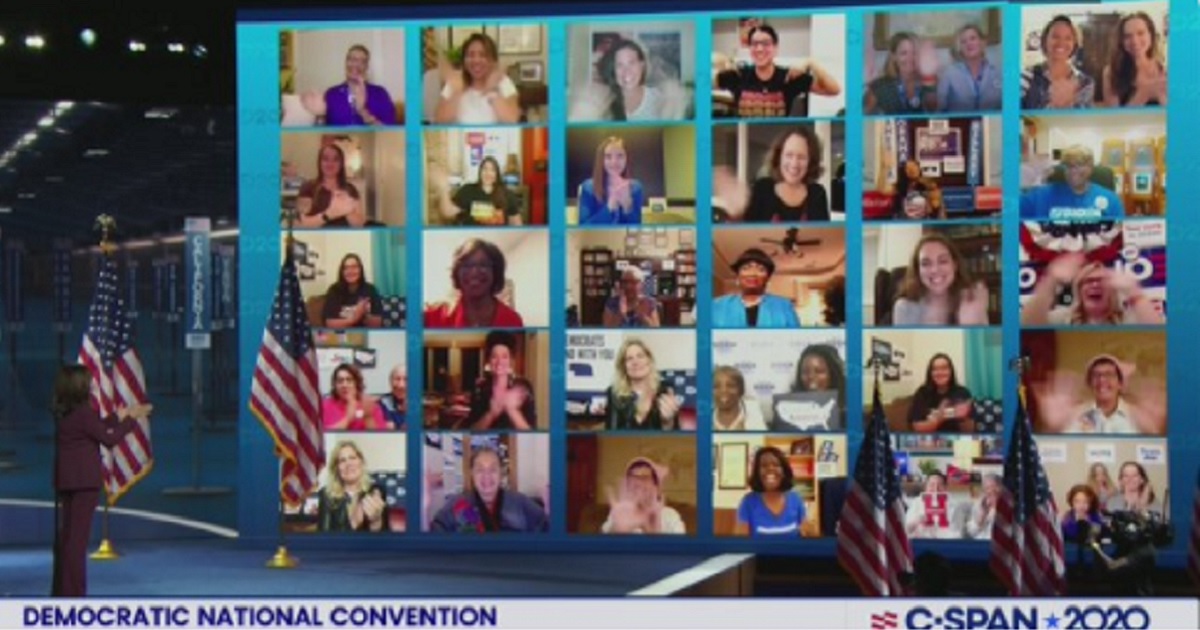 A screen of Kamala Harris supporters shows six supporters were actually three shown twice.