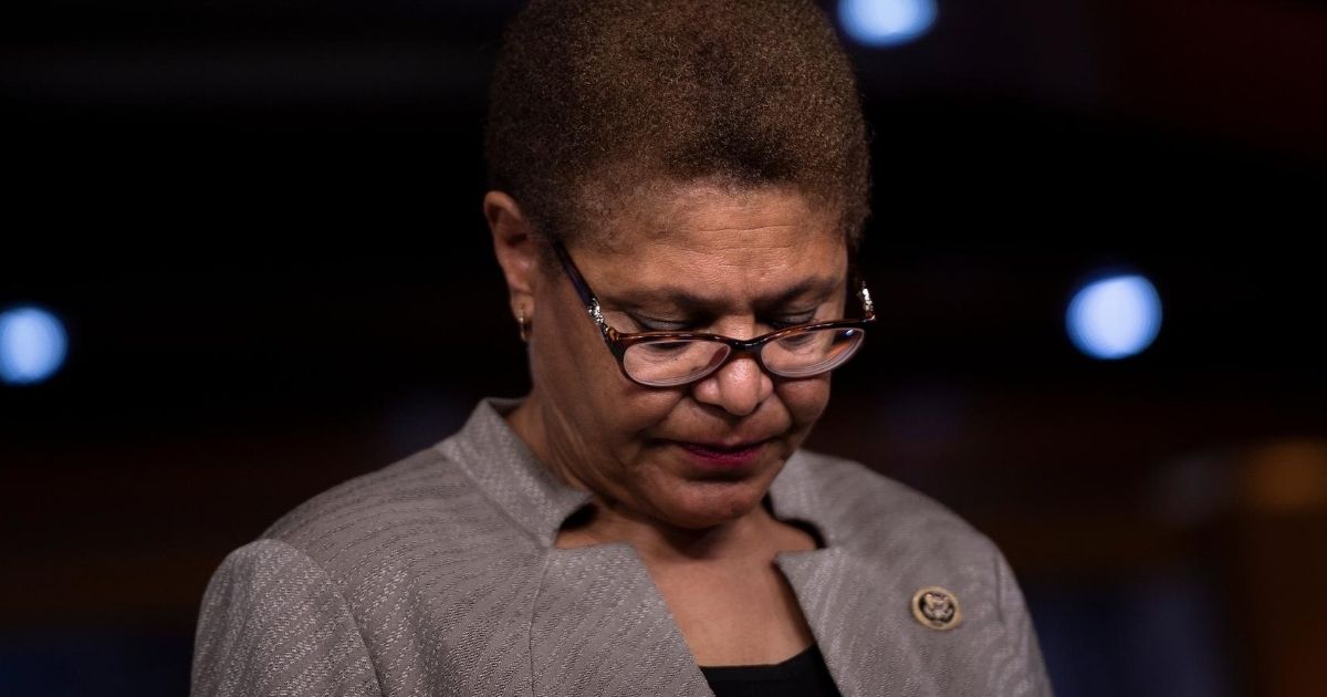 Rep. Karen Bass listens during a news conference with members of the Congressional Black Caucus on Capitol Hill on July 1, 2020, in Washington, D.C.