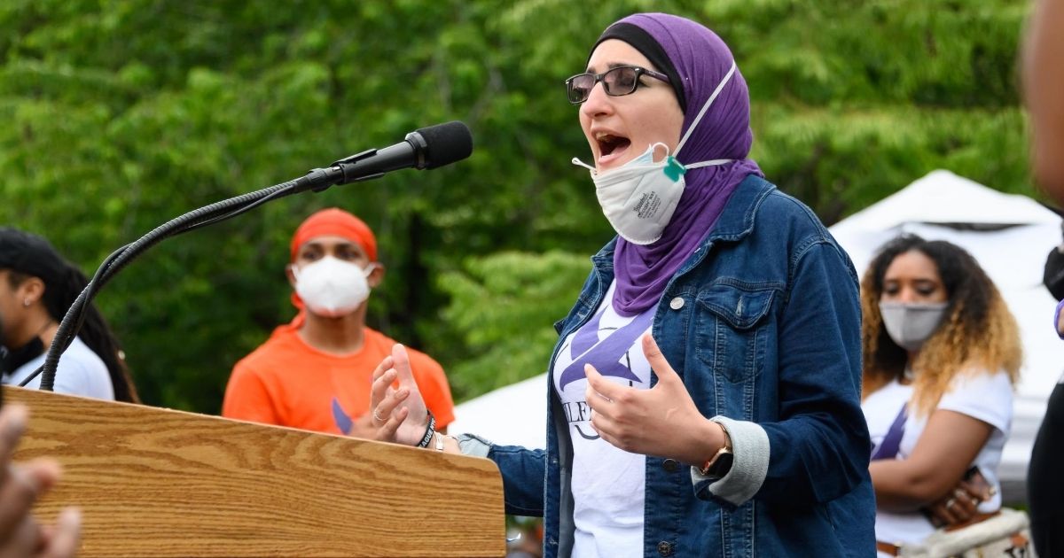 Linda Sarsour speaks at a Black Lives Matter rally in Washington Square Park on June 6, 2020, in New York.