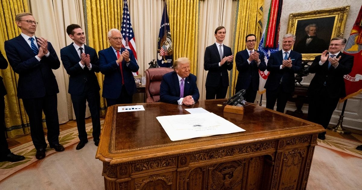 President Donald Trump leads a meeting with leaders of Israel and the UAE announcing a peace agreement in the Oval Office of the White House on Aug. 13, 2020, in Washington, D.C.