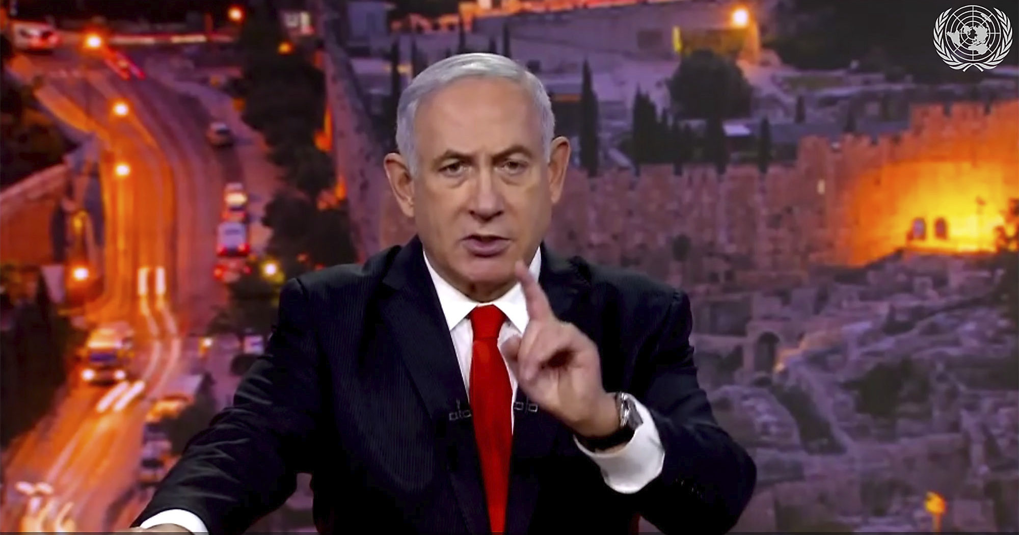 In this image from video, Prime Minister Benjamin Netanyahu of Israel speaks in a pre-recorded message which was played during the 75th session of the United Nations General Assembly on Sept. 29, 2020, at U.N. headquarters.