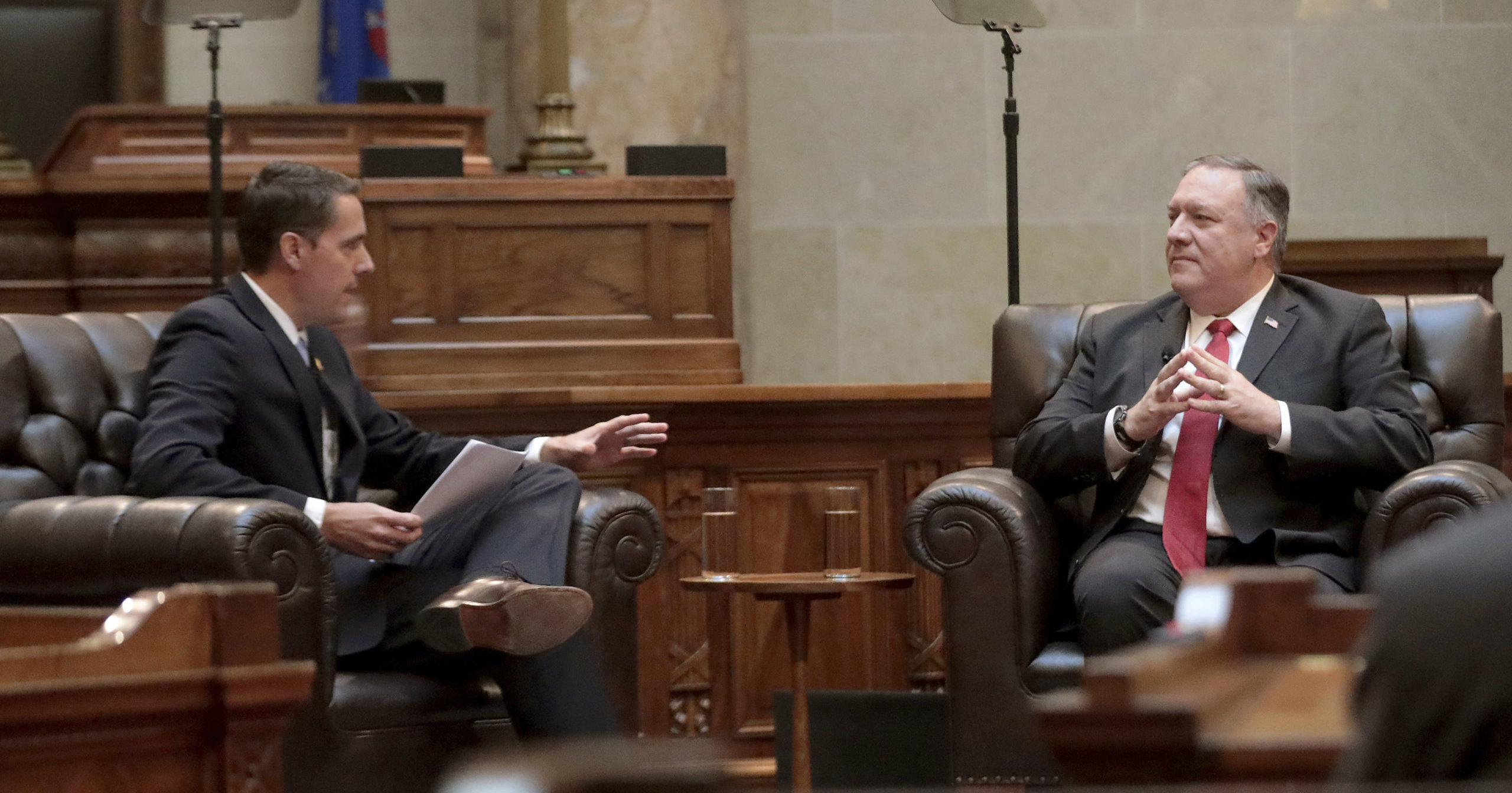 Secretary of State Mike Pompeo listens to a question from Wisconsin Senate President Roger Roth in the Senate chamber of the Wisconsin State Capitol in Madison, Wisconsin, on Sept. 23, 2020.