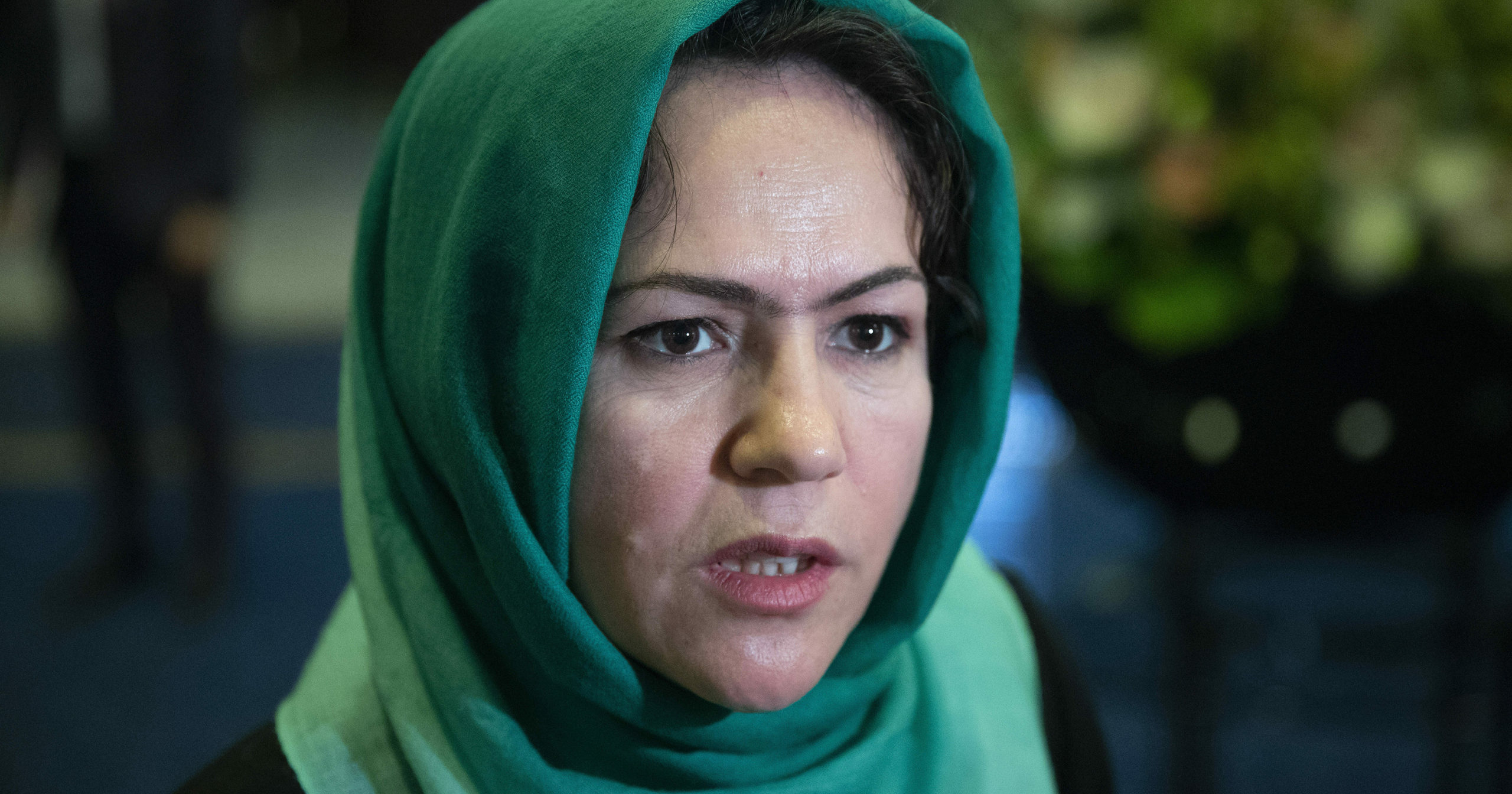 In this Feb. 5, 2019, file photo, Afghan politician Fawzia Koofi speaks to media before intra-Afghan talks in Moscow, Russia.