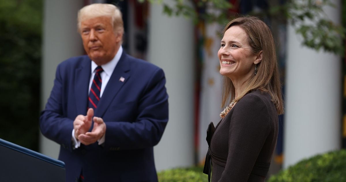 Judge Amy Coney Barrett of the 7th U.S. Circuit Court of Appeals smiles after President Donald Trump announced that she will be his nominee to the Supreme Court in the Rose Garden at the White House on Sept. 26, 2020, in Washington, D.C.