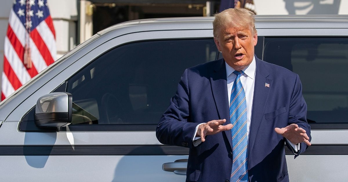 President Donald Trump talks about the new Endurance all-electric pickup truck on the south lawn of the White House on Sept. 28, 2020, in Washington, D.C.