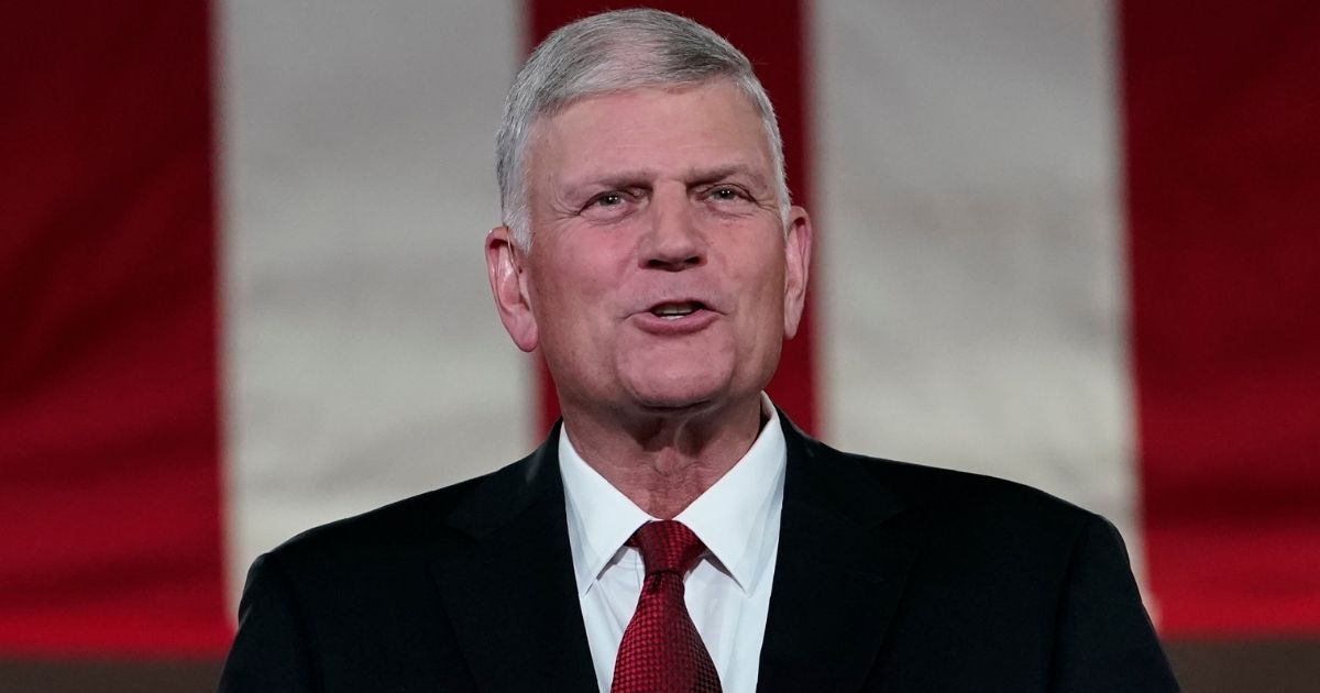 Evangelical leader Franklin Graham tapes his prayer for the fourth day of the Republican National Convention from the Andrew W. Mellon Auditorium in Washington on Aug. 27, 2020.
