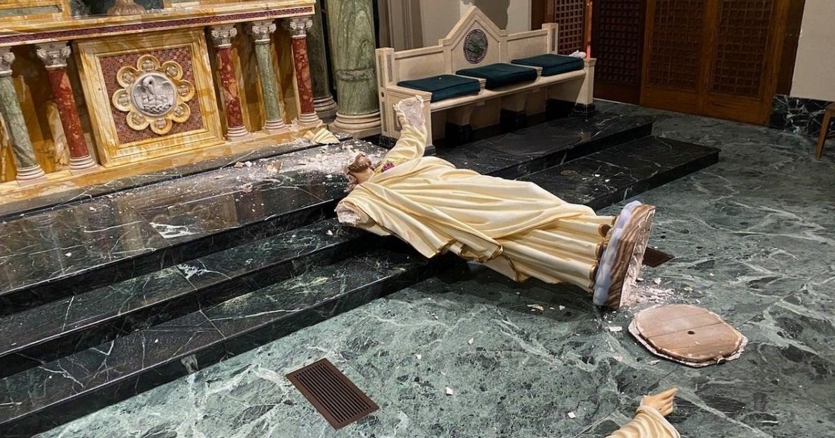 The Sacred Heart of Jesus statue inside St. Patrick Cathedral in El Paso, Texas, lies in pieces on the cathedral floor.