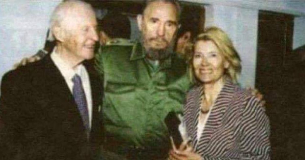 The image above shows late Norwegian explorer Thor Heyerdahl, left, and his wife, Jacqueline Beer, posing with Cuban dictator Fidel Castro.