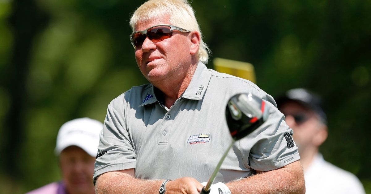 John Daly hits off the third tee during the second round of the PGA Tour Champions Principal Charity Classic golf tournament on June 1, 2019, in Des Moines, Iowa.