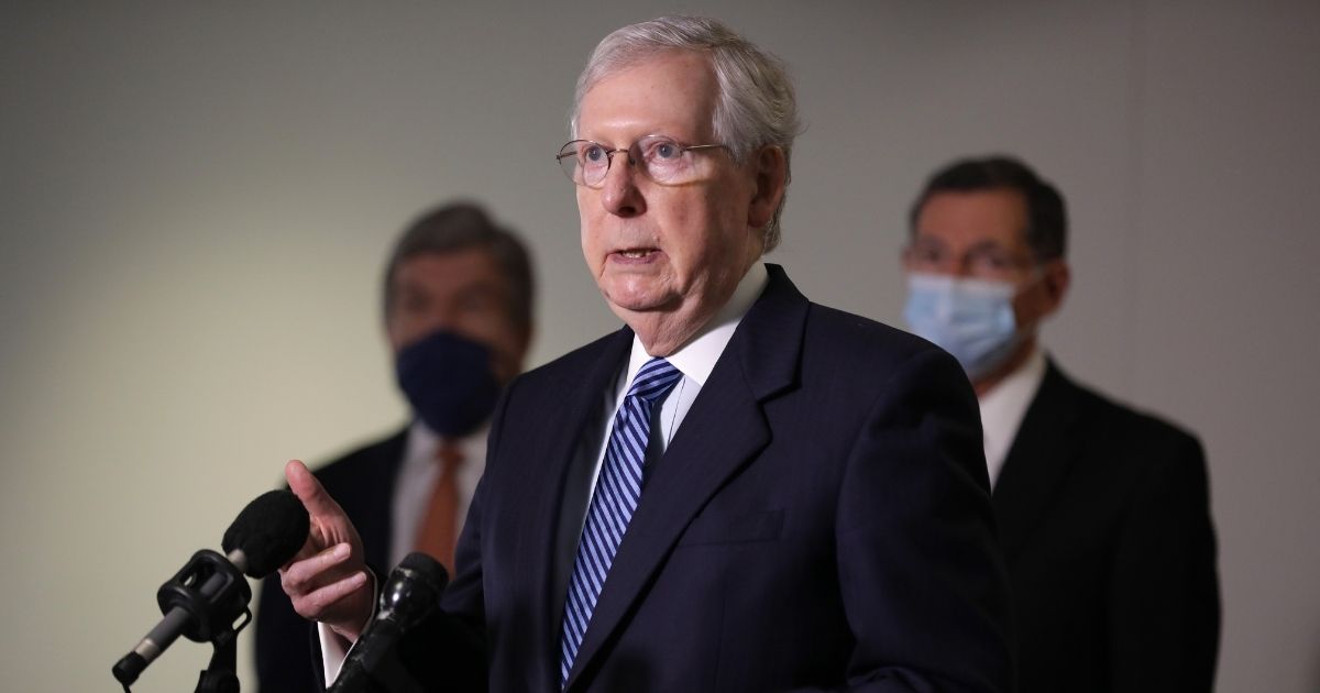 Senate Majority Leader Mitch McConnell talks to reporters following the weekly Republican policy luncheon in the Hart Senate Office Building on Capitol Hill on Sept. 15, 2020, in Washington, D.C.
