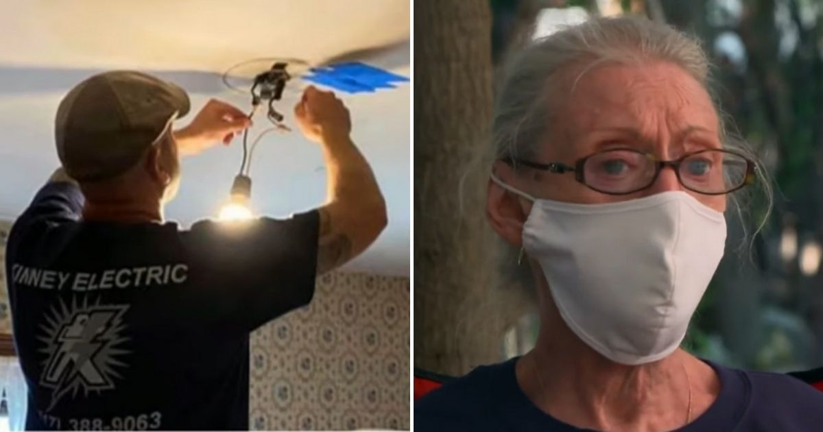 John Kinney, left, fixing a broken light, and Gloria Scott, right, whose home is being repaired free of charge.