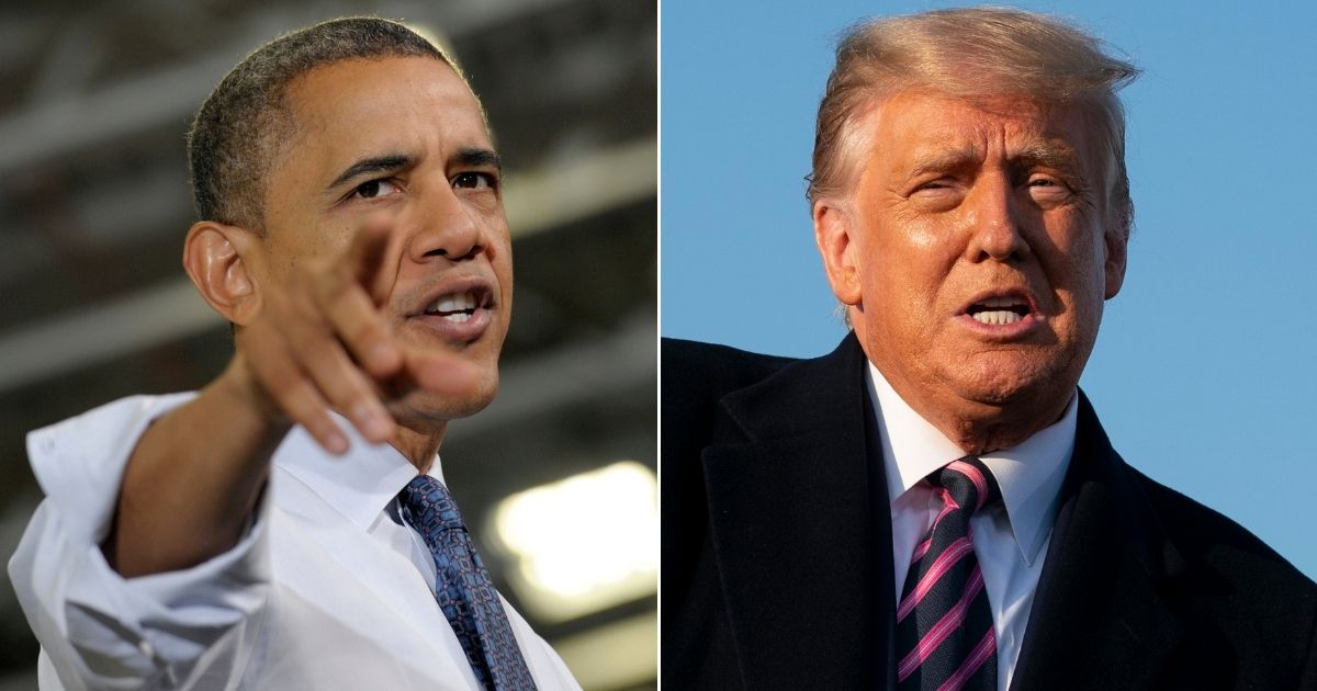 At left, then-President Barack Obama gestures during remarks at a K’NEX Brands toy factory in Hatfield, Pennsylvania, on Nov. 30, 2012. At right, President Donald Trump speaks at the Bemidji Regional Airport in Minnesota on Sept. 18, 2020.