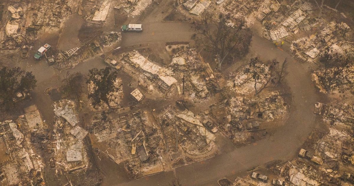 Damaged mobile homes can be seen in this aerial view from a drone in Ashland, Oregon, on Sept. 11, 2020.