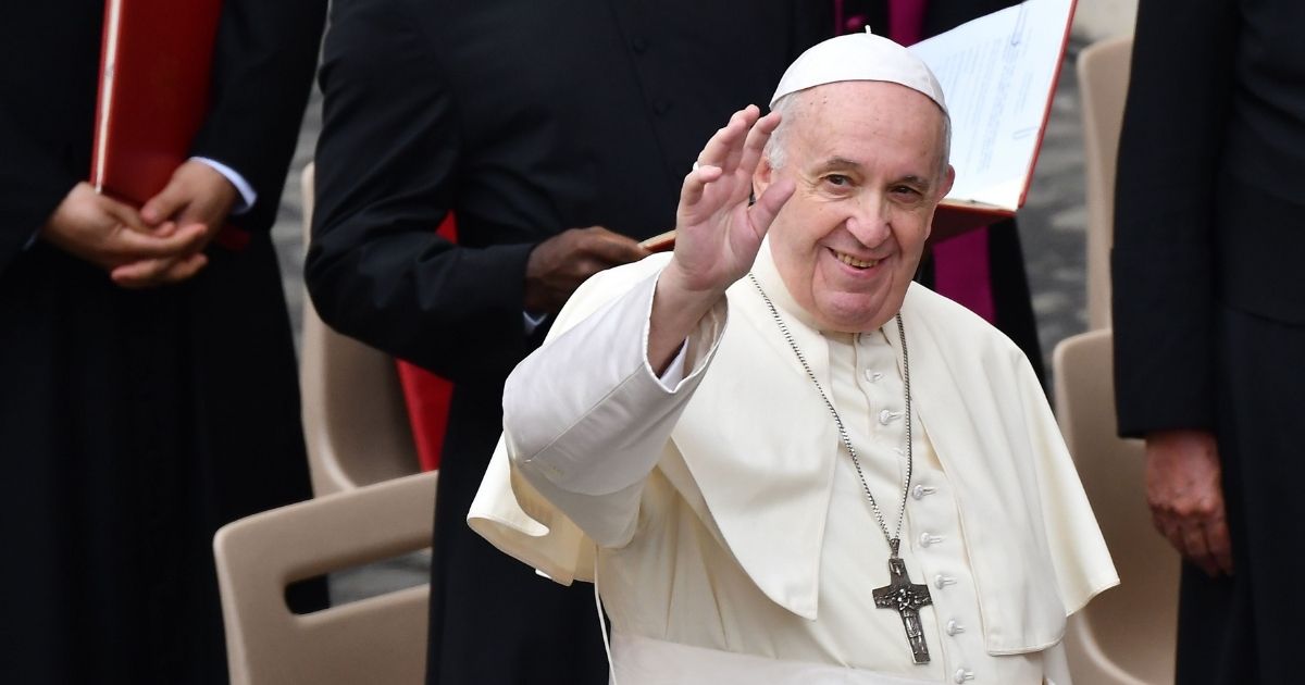 Pope Francis waves at attendees in the Vatican on Sept. 2, 2020.