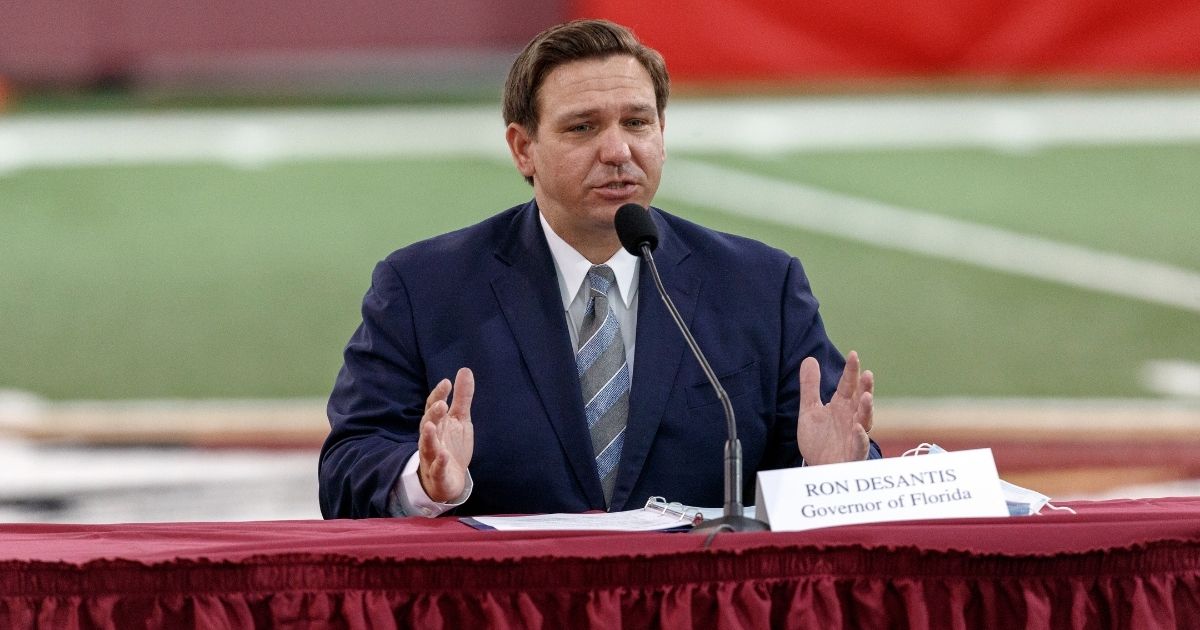 Republican Florida Gov. Ron DeSantis speaks during a collegiate athletics roundtable about fall sports at the Albert J. Dunlap Athletic Training Facility on the campus of Florida State University on Aug. 11, 2020, in Tallahassee, Florida.