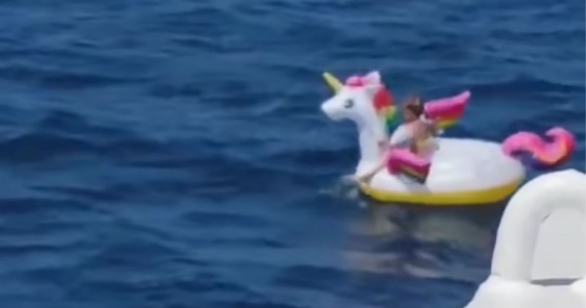 The young girl who drifted a half-mile off the coast on an inflatable unicorn in Antirrio, Greece.