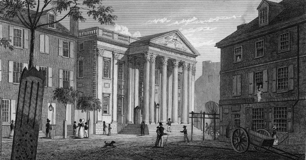 This engraving by Fenner Sears & Co. shows pedestrians on the street outside the First Bank of the United States on Walnut Street in Philadelphia.