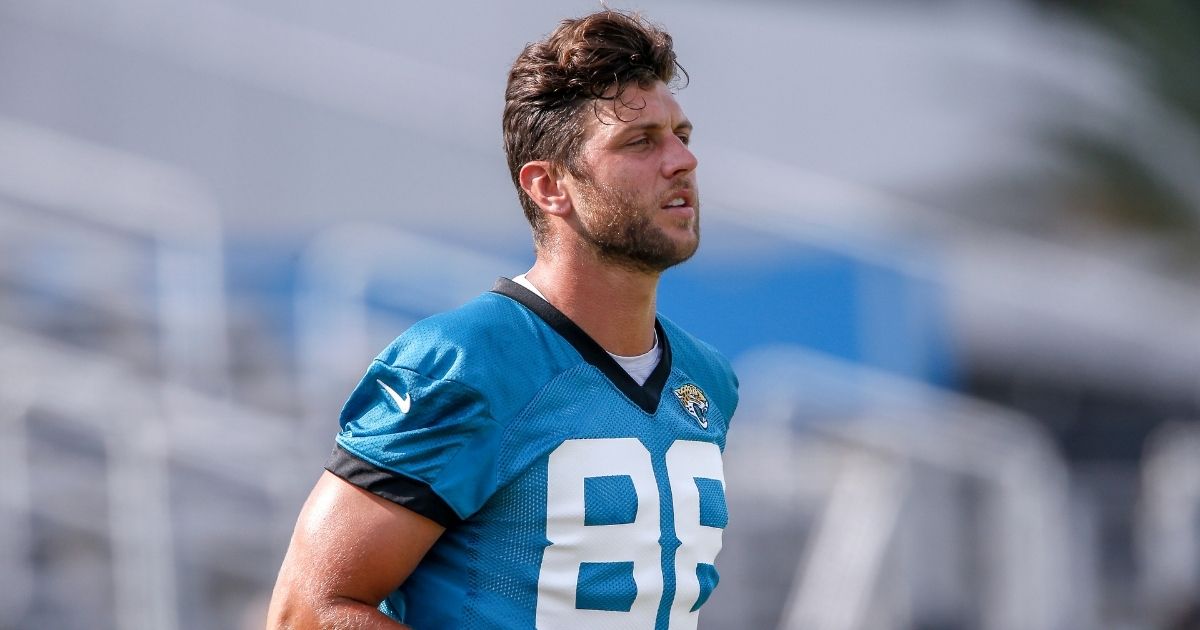 JACKSONVILLE, FL - AUGUST 12: Tight End Tyler Eifert #88 of the Jacksonville Jaguars works out during training camp at Dream Finders Home Practice Fields on August 12, 2020 in Jacksonville, Florida.