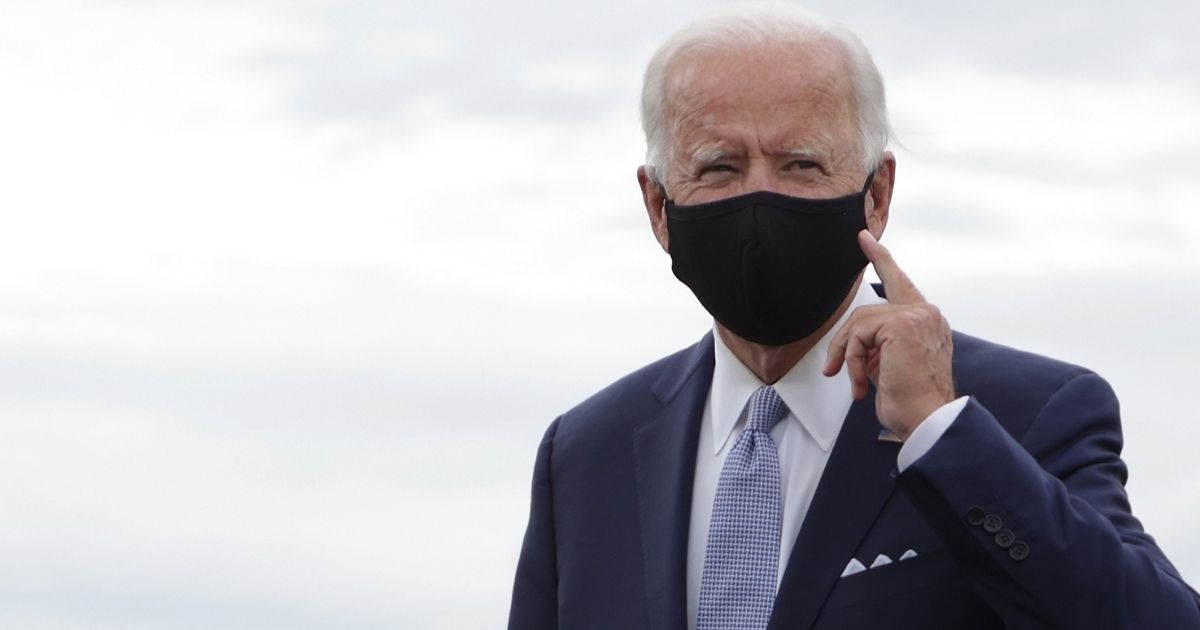WEST MIFFLIN, PENNSYLVANIA - on August 31: Democratic presidential candidate former Vice President Joe Biden gestures after he landed at Allegheny County Airport on August 31, 2020 in West Mifflin, Pennsylvania. Biden is traveling to Pittsburgh today and will speak on the protests against racism and police violence in Kenosha, Wisconsin and Portland, Oregon.