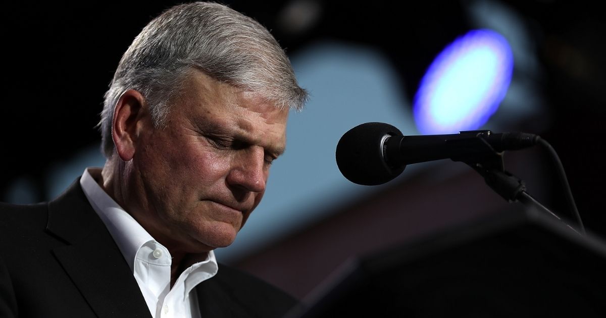 TURLOCK, CA - MAY 29: Rev. Franklin Graham speaks during Franklin Graham's "Decision America" California tour at the Stanislaus County Fairgrounds on May 29, 2018 in Turlock, California. Rev. Franklin Graham is touring California for the weeks leading up to the California primary election on June 5th with a message for evangelicals to vote.