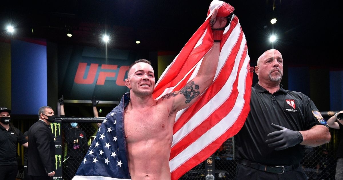 LAS VEGAS, NEVADA - SEPTEMBER 19: In this handout image provided by UFC, Colby Covington reacts after his TKO victory over Tyron Woodley in their welterweight bout during the UFC Fight Night event at UFC APEX on September 19, 2020 in Las Vegas, Nevada.